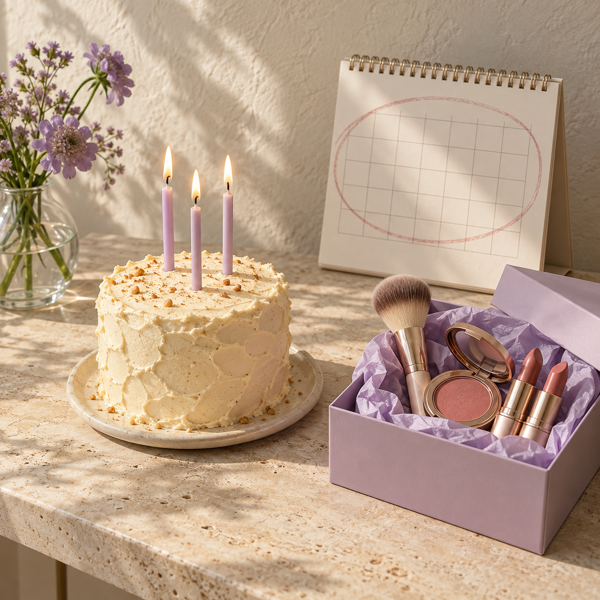 Pastel de cumpleaños con velas lilas, regalo de maquillaje y calendario sobre una mesa clara.